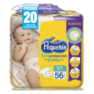 Pañal Pequeñin  Extra Protección Etapa 1 56 Unidades + Toallitas Recién Nacido 20