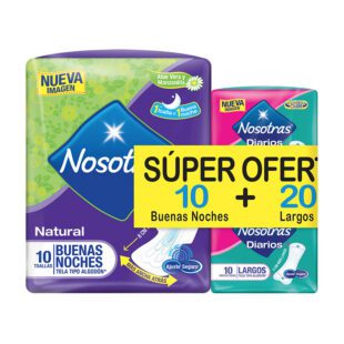 Toalla Nosotras Buenas Noches 10 Unidades + Protectores Largos 20 Unidades