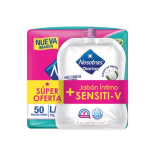 Protector Nosotras Largo 50 Unidades + Jabón Íntimo Sensiti- V 72 Ml Súper Oferta